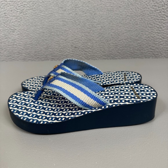Tory Burch Sandals Women 7.5-8* Blue Gemini Link Wedge Platform Flip Flops Beach - Picture 1 of 13